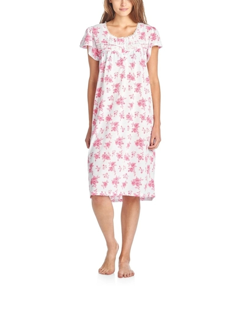 100% Cotton Women's Pink and White Floral Nightgown with Flutter Sleeve.